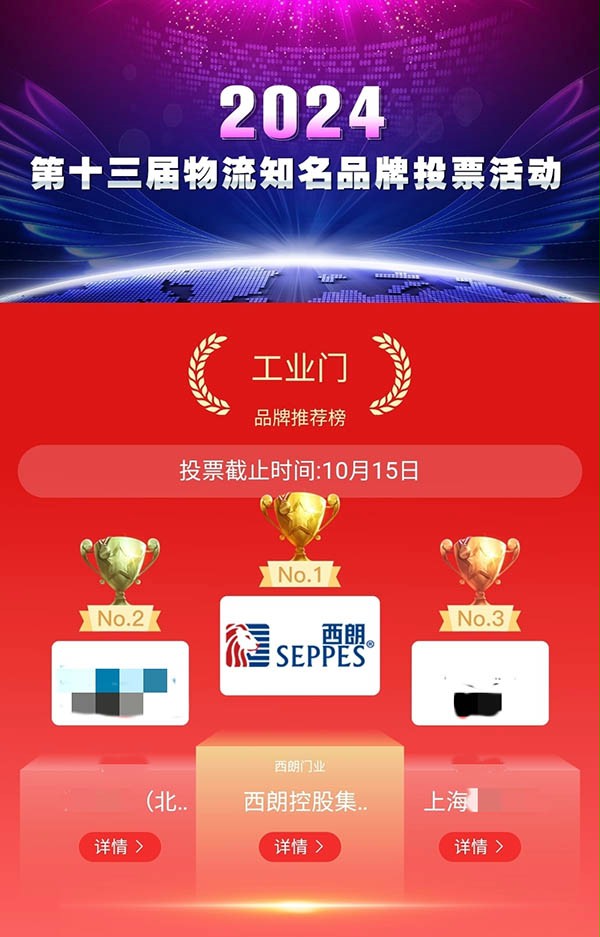2024第十三屆中國物流知名品牌投票評選活動中西朗門業以最高票數獲得前十排名第一